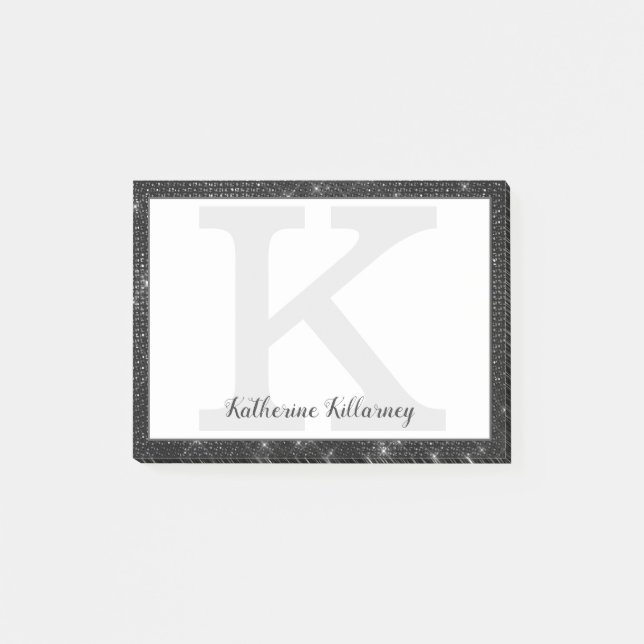 Girly Black Diamond Glitter Glam Monogram Name Post-it Notes (Front)