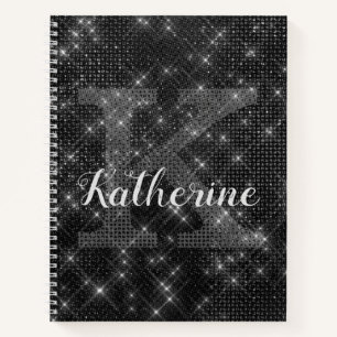 Girly Black Diamond Sparkle Chic Monogram Name Notebook