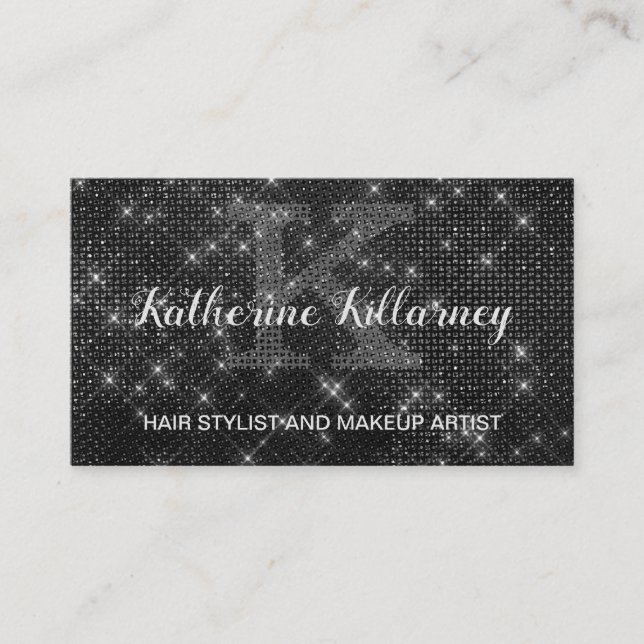 Girly Black Diamond Sparkle Glam Chic Monogram Business Card (Front)