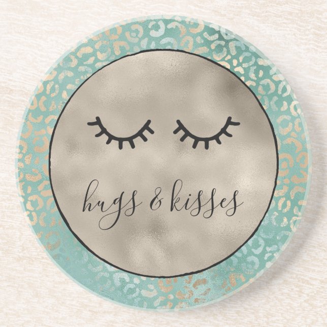Girly Black Eyelashes Gold Aqua Leopard Print    Coaster (Front)