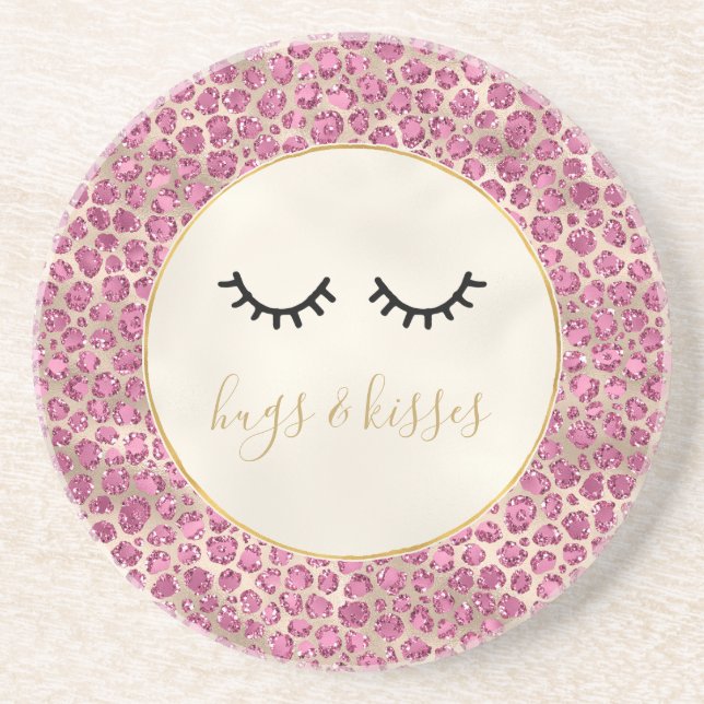 Girly Black Eyelashes Gold Pink Leopard Print Coaster (Front)