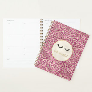 Girly Black Eyelashes Gold Pink Leopard Print Planner