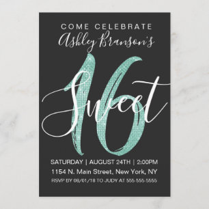 Girly Black Faux Mint Teal Sequin Glitter Sweet 16 Invitation
