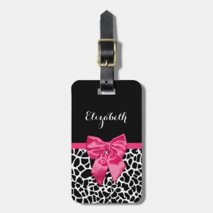 Girly Black Giraffe Animal Print Cute Hot Pink Bow Luggage Tag