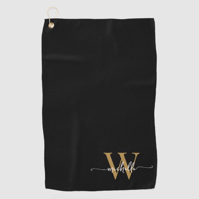 Girly Black Gold Elegant Monogram Name Script Golf Towel (Front)