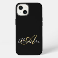 Girly Black Gold Elegant Monogram Script