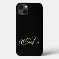 Girly Black Gold Elegant Monogram Script Name