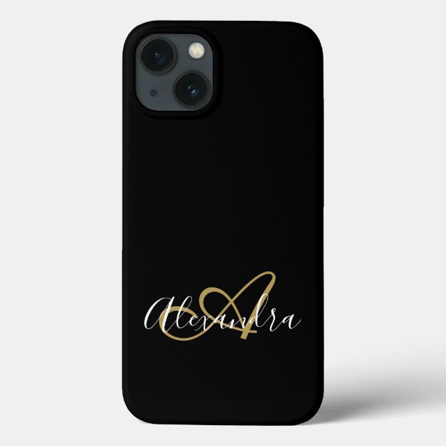 Girly Black Gold Elegant Monogram Script Name Case-Mate iPhone Case (Back)
