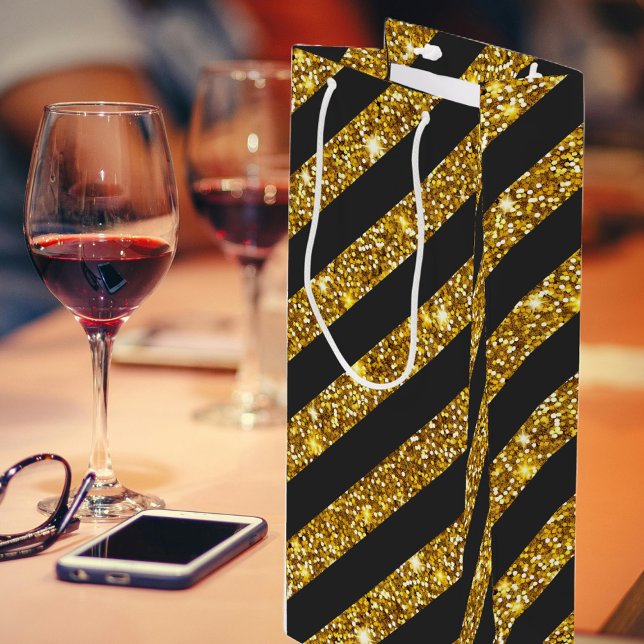 Girly Black Gold Glitter Sparkles Stripe Pattern  Wine Gift Bag (Creator Uploaded)