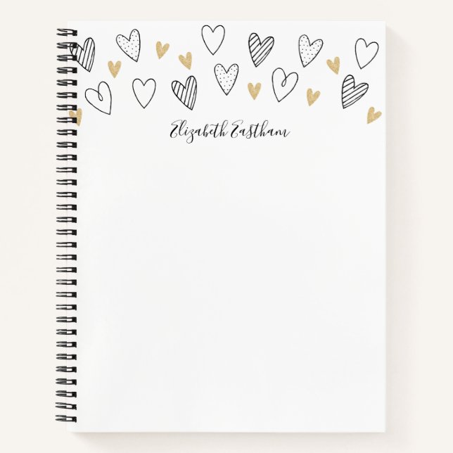 Girly Black Gold Heart Feminine Script Notebook (Front)