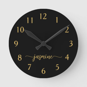 Girly Black Gold Minimalist Monogram Script Round Clock