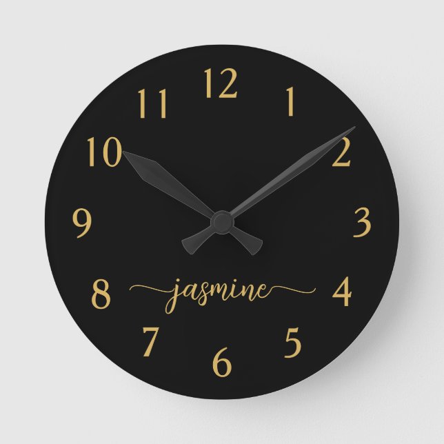 Girly Black Gold Minimalist Monogram Script Round Clock
