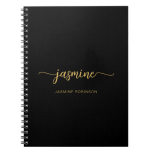 Girly Black Gold Modern Script Monogram Name Notebook