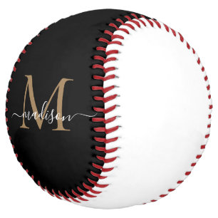 Girly Black Gold Monogram Elegant Modern Script Softball
