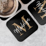Girly Black Gold Monogram Elegant Modern Script Square Paper Coaster<br><div class="desc">Girly Black Gold Monogram Elegant Modern Script Square Paper Coaster.Easily personalise this modern elegant square paper coaster with your custom monogram and name.</div>