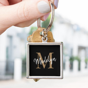Girly Black Gold Monogram Name Elegant Chic Script Key Ring