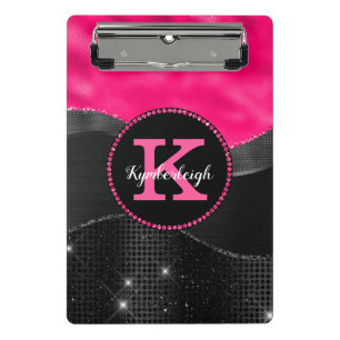 Girly Black Gray Hot Pink Waves Glam Monogram Name Mini Clipboard