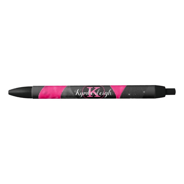 Girly Black Grey Hot Pink Waves Glam Monogram Name Ink Pen (Front)