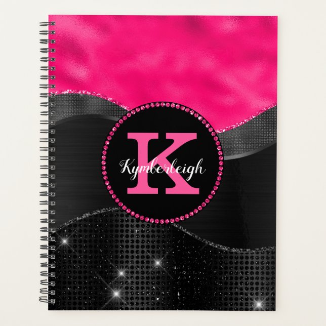 Girly Black Grey Hot Pink Waves Glam Monogram Name Planner (Front)
