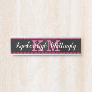 Girly Black Hot Pink Diamonds Glam Monogram Name Door Sign