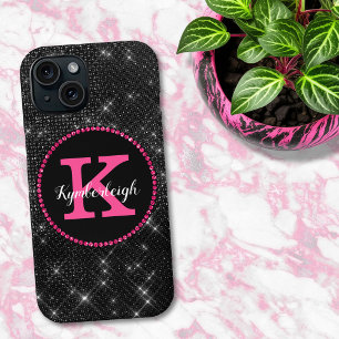 Girly Black Hot Pink Glam Diamond Monogram Name iPhone 15 Case