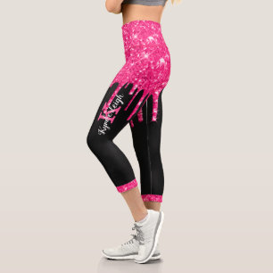 Girly Black Hot Pink Glitter Drips Monogram Name Capri Leggings