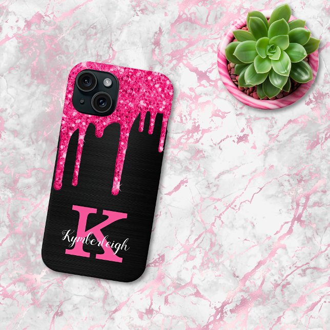 Girly Black Hot Pink Glitter Drips Monogram Name Case-Mate iPhone Case (Creator Uploaded)