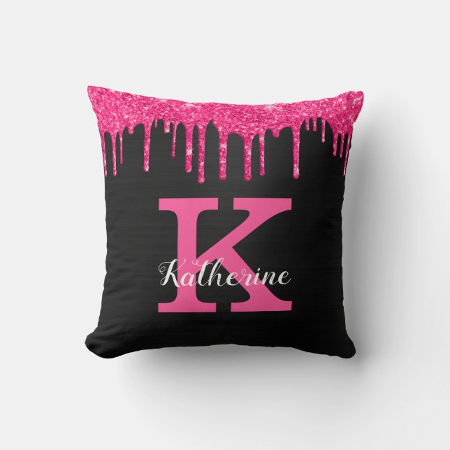 Girly Black Hot Pink Glitter Drips Monogram Name Cushion (Front)