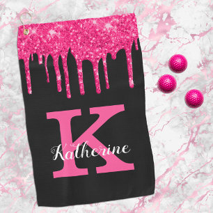 Girly Black Hot Pink Glitter Drips Monogram Name Golf Towel
