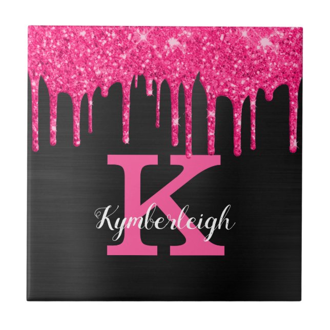 Girly Black Hot Pink Glitter Drips Monogram Name Tile (Front)
