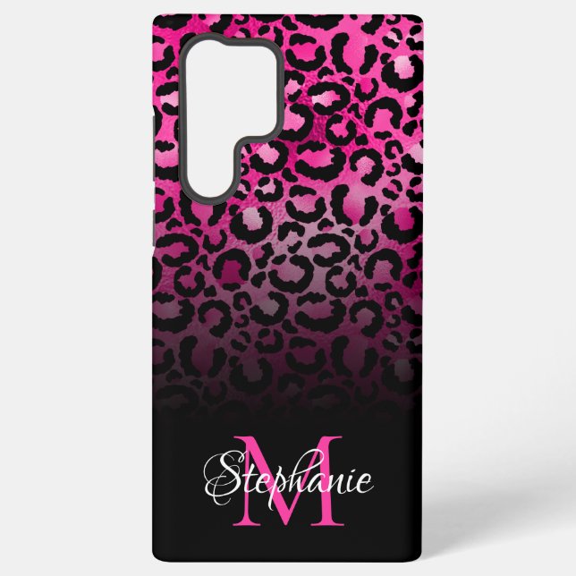 Girly Black Hot Pink Leopard Ombre Monogram Samsung Galaxy S22 Ultra Case (Back)