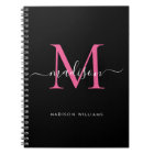 Girly Black Hot Pink Monogram Script Name Initial