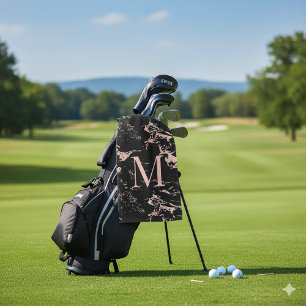 Girly Black Marble Rose Gold Foil Monogram Golf Towel