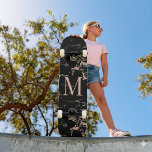 Girly Black Marble Rose Gold Foil Monogram Skateboard<br><div class="desc">Girly Black Marble Rose Gold Foil Monogram Skateboard with trendy coppery rose gold/pink on black marble and your custom monogram. Perfect for your girly, luxury esthetic.</div>