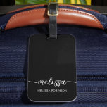 Girly Black Monogram Name Signature Script  Luggage Tag<br><div class="desc">Girly Feminine Minimalist Simple Clean Black Monogram Name Signature Script Custom Personalised Luggage Bag Tag. This design featuring your first name in a pretty hand lettered style swash tail calligraphy font signature (or typography) and full name white script on black colour background. These are easy to customise it. Stylish feminine...</div>