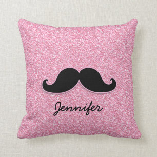 GIRLY BLACK MUSTACHE PINK GLITTER PRINTED CUSHION