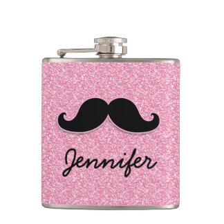 GIRLY BLACK MUSTACHE PINK GLITTER PRINTED HIP FLASK