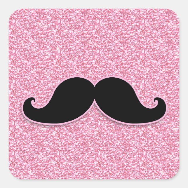 GIRLY BLACK MUSTACHE PINK GLITTER PRINTED SQUARE STICKER (Front)