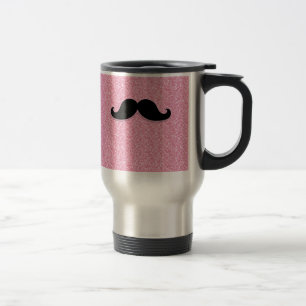 GIRLY BLACK MUSTACHE PINK GLITTER PRINTED TRAVEL MUG
