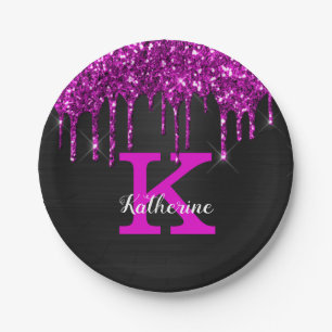 Girly Black Neon Plum Glitter Drips Monogram Name Paper Plate