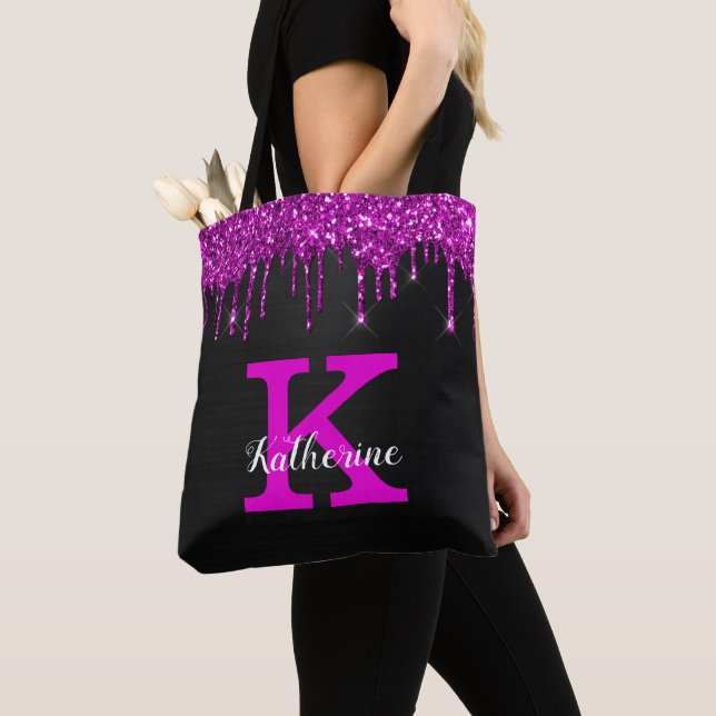Girly Black Neon Plum Glitter Drips Monogram Name Tote Bag (Close Up)
