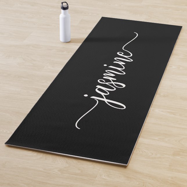 Girly Black Personalised Monogram Name Script Yoga Mat (In Situ)