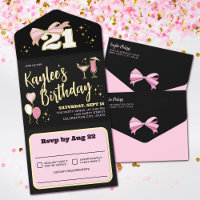 Girly Black Pink Gold Bow 21 Birthday Party