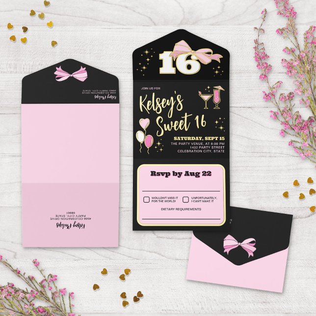 Girly Black Pink Gold Bow Sweet 16 All In One Invitation (Creator Uploaded)