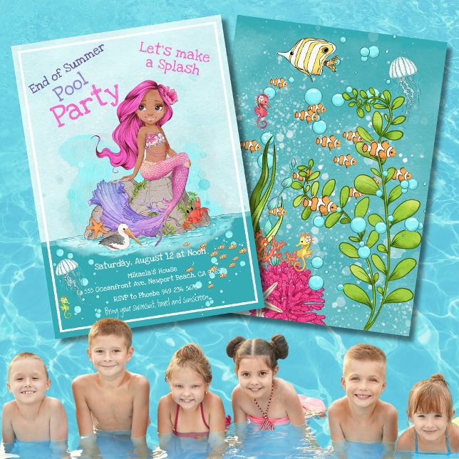 Girly Black Pink Hair Mermaid Summer Pool Party Invitation (Creator Uploaded)
