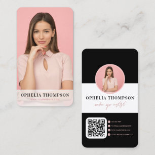 Girly Black Pink Typography Script QR code Business Card
