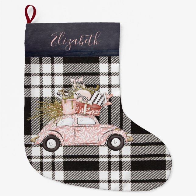 Girly Black Plaid Pink Car Monogrammed Large Christmas Stocking (Front)