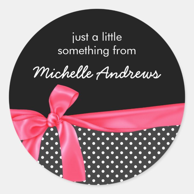 Girly Black Polka Dots & Neon Pink Bow Gift Label (Front)