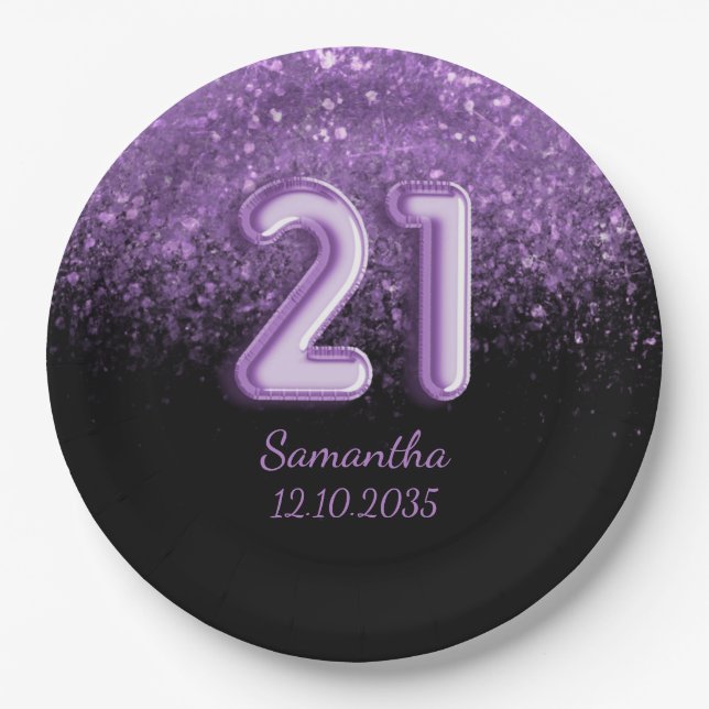 Girly Black & Purple Glitter Sparkle 21 Birthday  Paper Plate (Front)