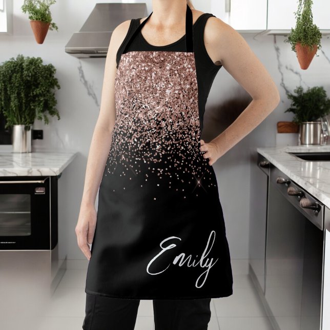 Girly Black Rose Gold Blush Pink Glitter Monogram Apron (Creator Uploaded)